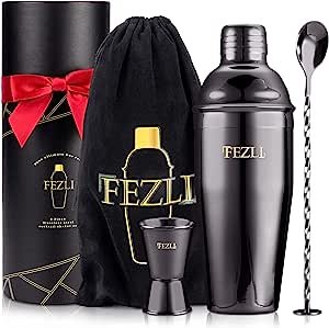 Fezli 5 PCS Cocktail Making Set 700ml Stainless Steel Cocktail Shaker Set with Strainer, Jigger and Mixing Spoon, Bartending Set with Bar Accessories & Cocktail Accessories for Drinks (Black)