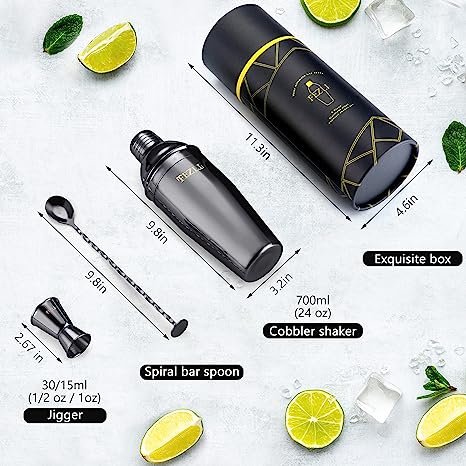 Fezli 5 PCS Cocktail Making Set 700ml Stainless Steel Cocktail Shaker Set with Strainer, Jigger and Mixing Spoon, Bartending Set with Bar Accessories & Cocktail Accessories for Drinks (Black)