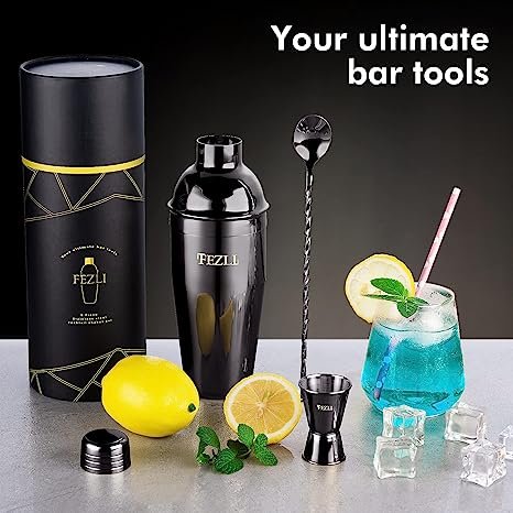 Fezli 5 PCS Cocktail Making Set 700ml Stainless Steel Cocktail Shaker Set with Strainer, Jigger and Mixing Spoon, Bartending Set with Bar Accessories & Cocktail Accessories for Drinks (Black)