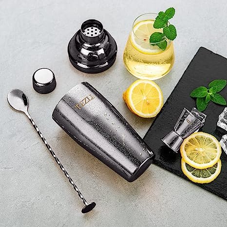 Fezli 5 PCS Cocktail Making Set 700ml Stainless Steel Cocktail Shaker Set with Strainer, Jigger and Mixing Spoon, Bartending Set with Bar Accessories & Cocktail Accessories for Drinks (Black)