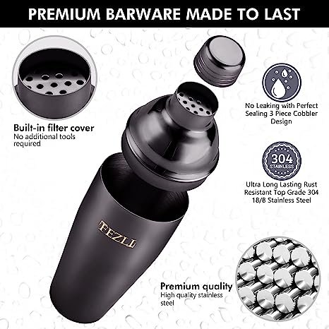 Fezli 5 PCS Cocktail Making Set 700ml Stainless Steel Cocktail Shaker Set with Strainer, Jigger and Mixing Spoon, Bartending Set with Bar Accessories & Cocktail Accessories for Drinks (Black)